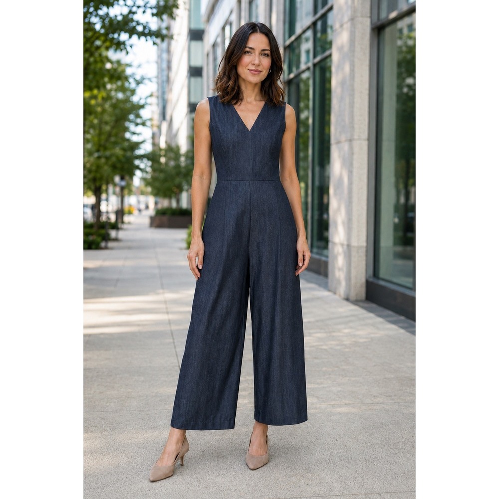 Calvin Klein Dark Denim Look Wide Leg Sleeveless Jumpsuit (4) Office Minimalist
